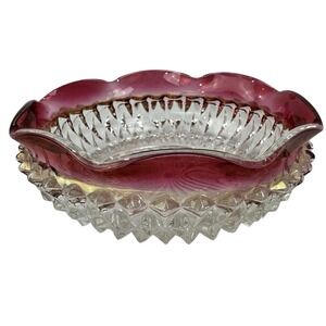 Vintage Indiana Glass Diamond Cut Scalloped Red Starburst Bowl